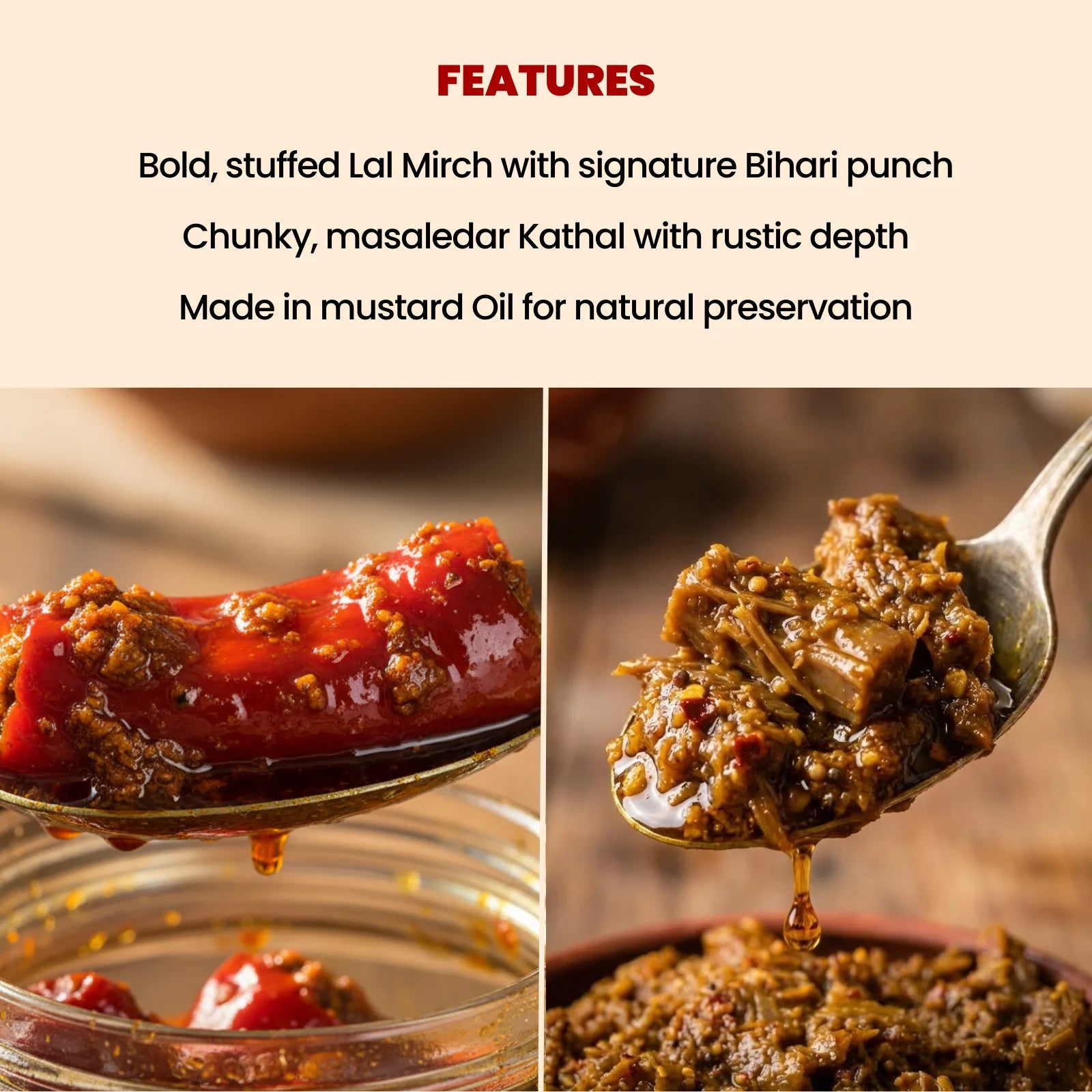 Feature highlights of JhaJi Store heritage pickle pack with lal mirch and kathal