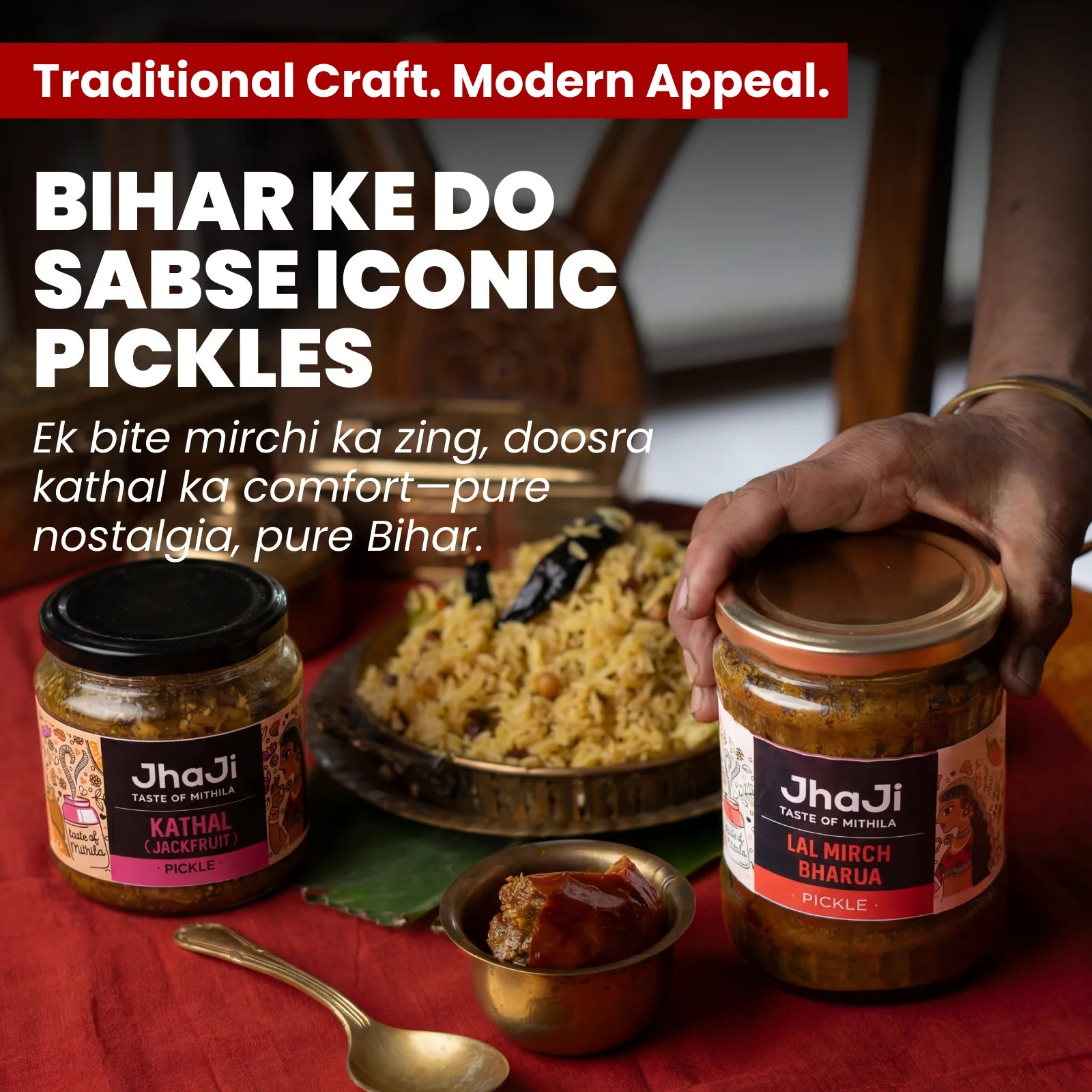 Heritage pickle pack with lal mirch, kathal pickle served alongside pulihora rice