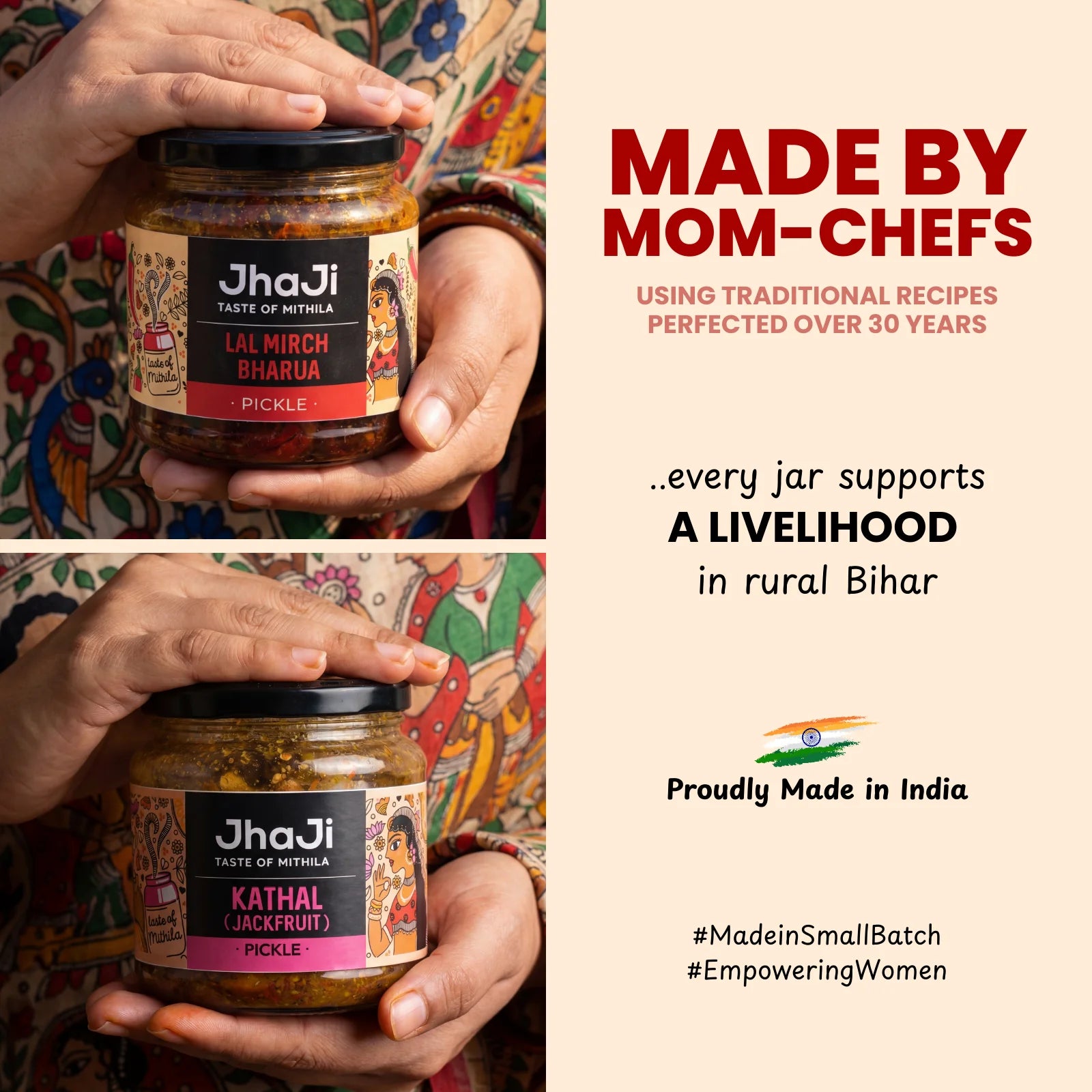 JhaJi Store team photo alongside heritage pickle pack with lal mirch and kathal