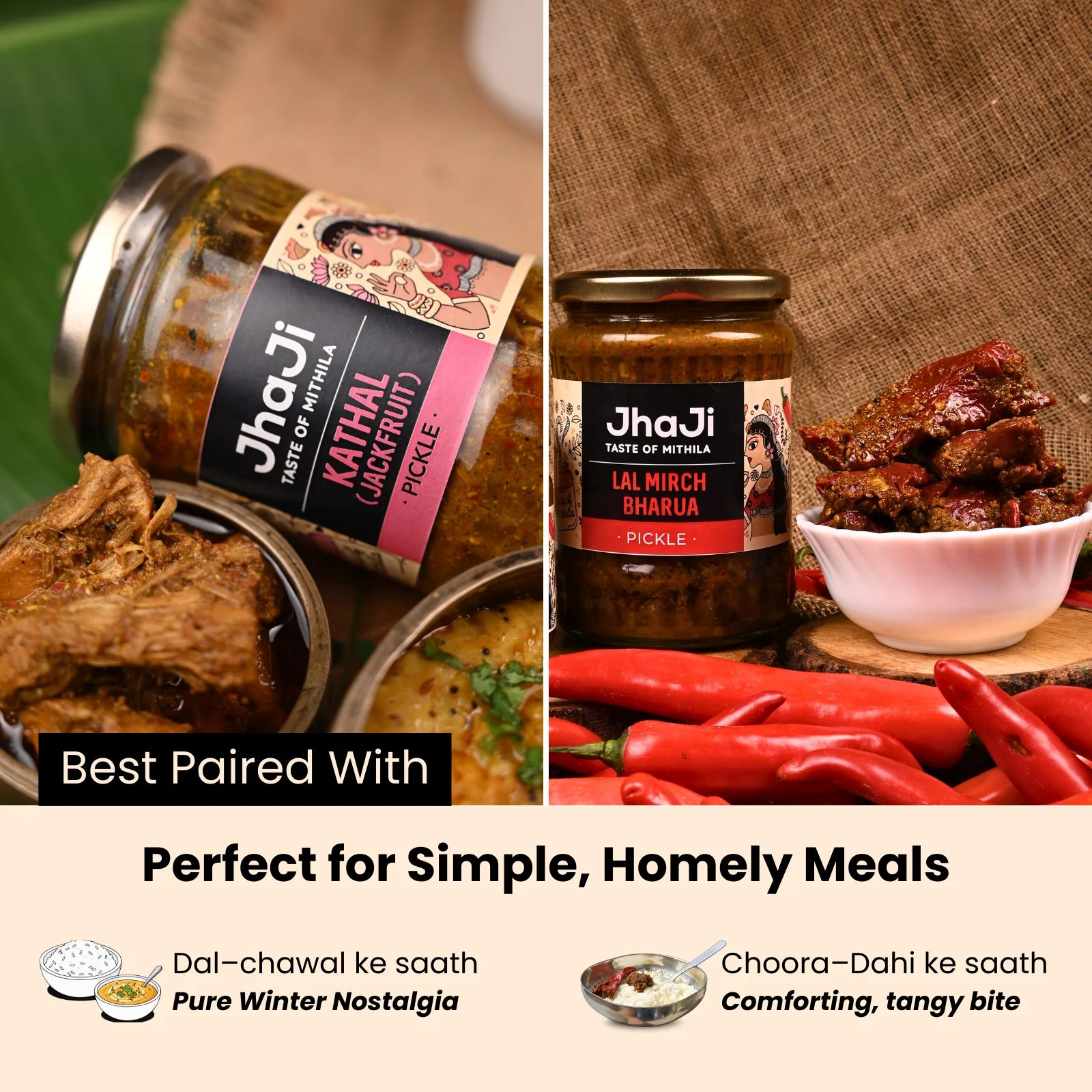 Textured close-up of heritage pickle pack with lal mirch and kathal