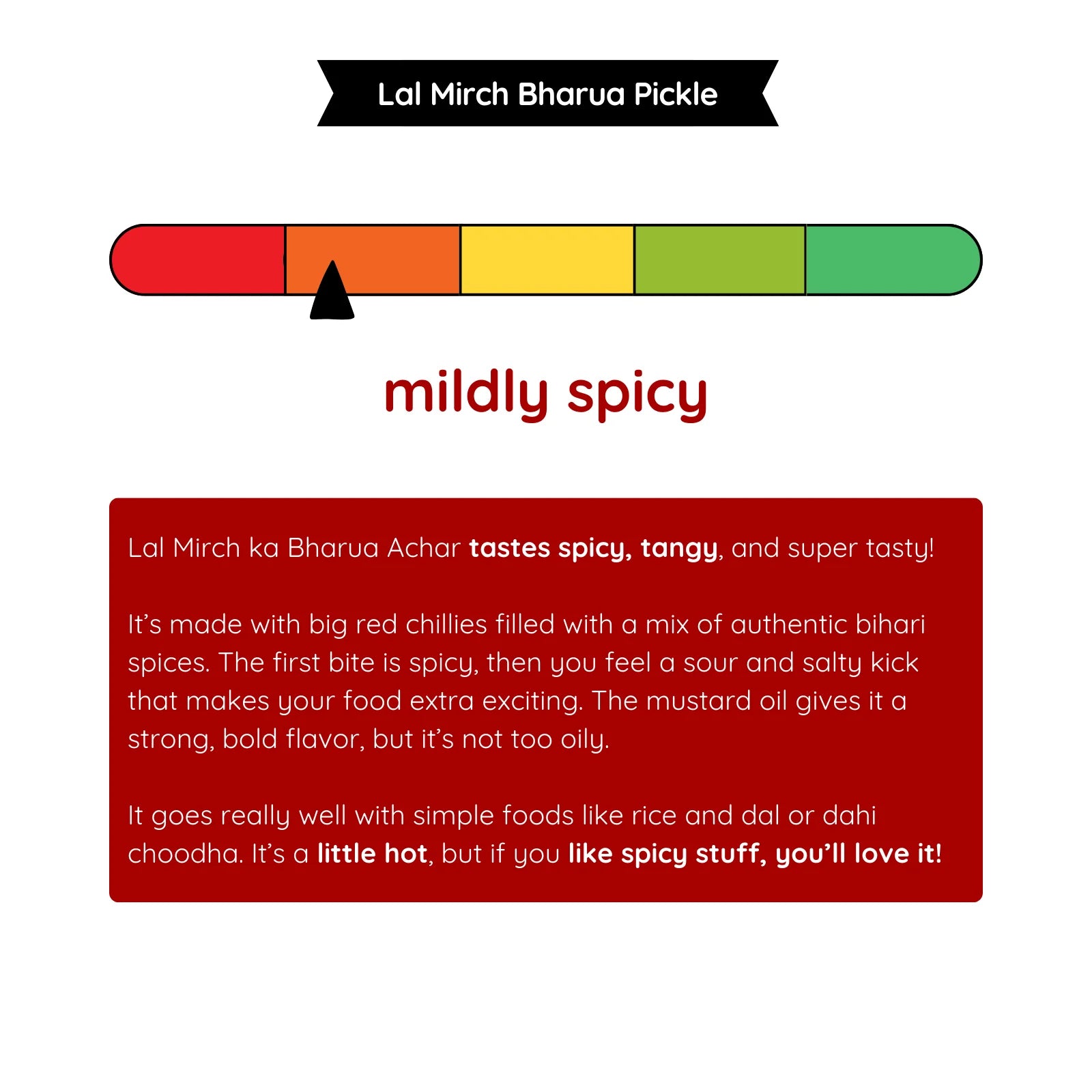 Taste and spice level chart for JhaJi Store lal mirch achar bestseller