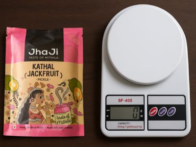 JhaJi Store Kathal Jackfruit Pickle packet placed beside kitchen weighing scale