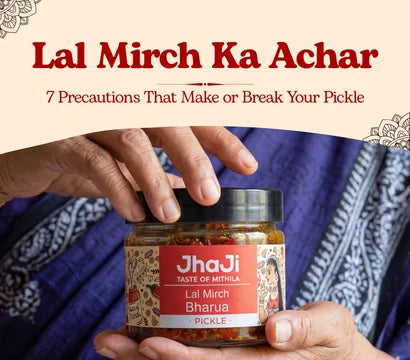 Jar of Bharua Lal Mirch Achar on a wooden surface / Banaras-kitchen vibe