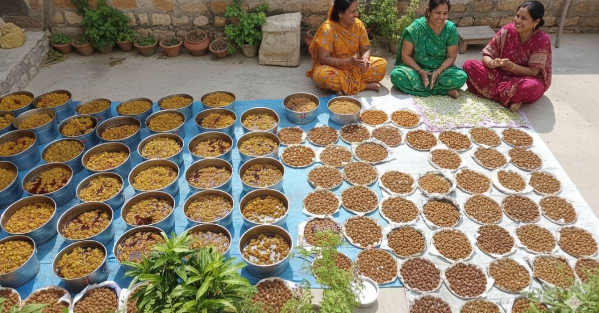 Women in Mithila drying Pickles in Winter Sun