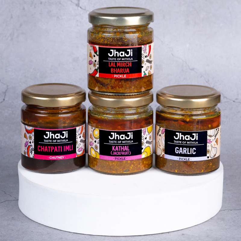 Kalpana’s Favorite 4 Pickles in 1 Sample Pack | Garlic,  Kathal, Lal Mirch Bharua Pickles & Imli Chutney