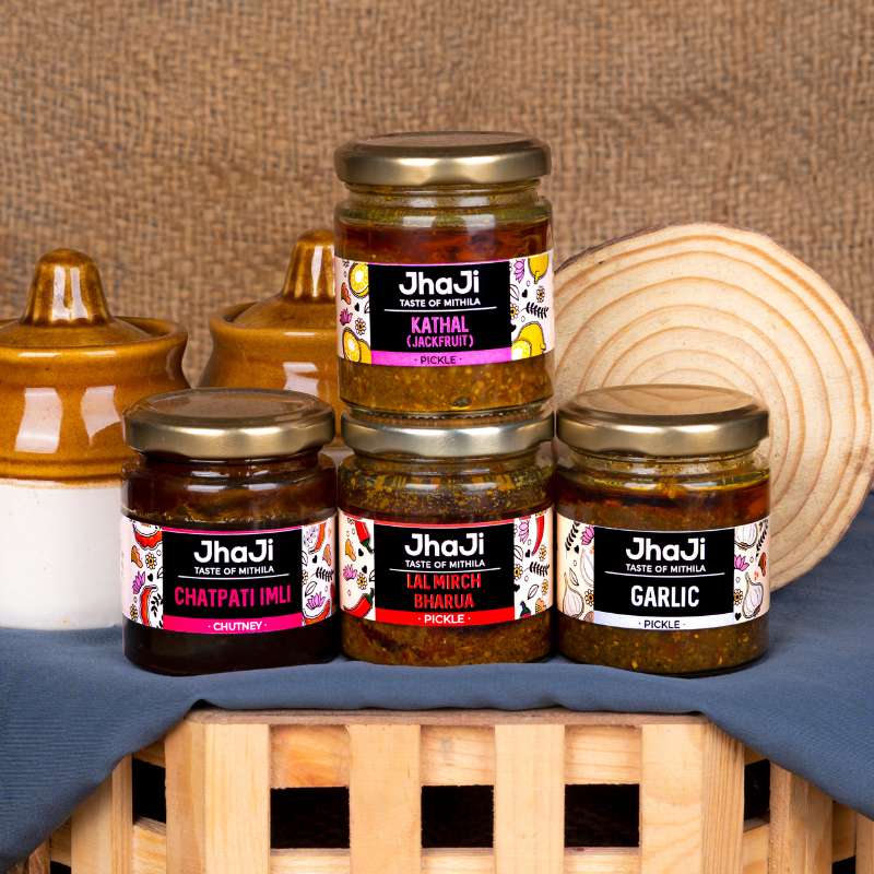 Kalpana’s Favorite 4 Pickles in 1 Sample Pack | Garlic,  Kathal, Lal Mirch Bharua Pickles & Imli Chutney