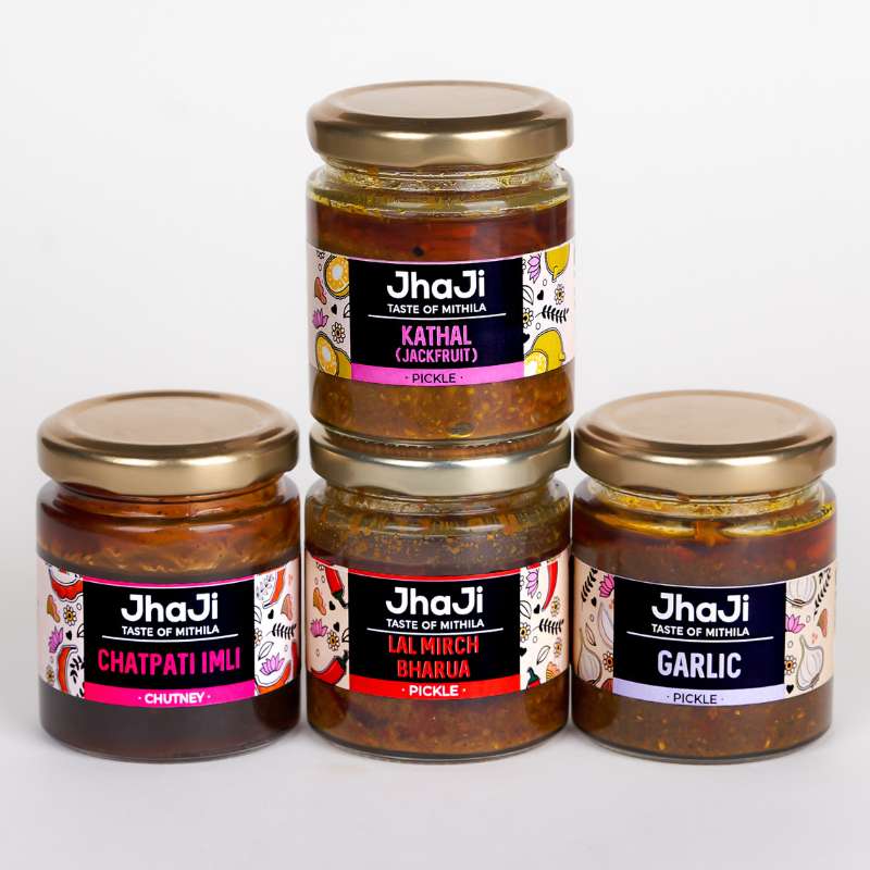 Kalpana’s Favorite 4 Pickles in 1 Sample Pack | Garlic,  Kathal, Lal Mirch Bharua Pickles & Imli Chutney