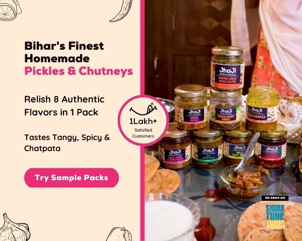 Image showcasing a variety of Bihar's finest homemade pickles and chutneys, including 8 authentic flavors in one pack. The pickles and chutneys are tangy, sour, and chatpata in taste.