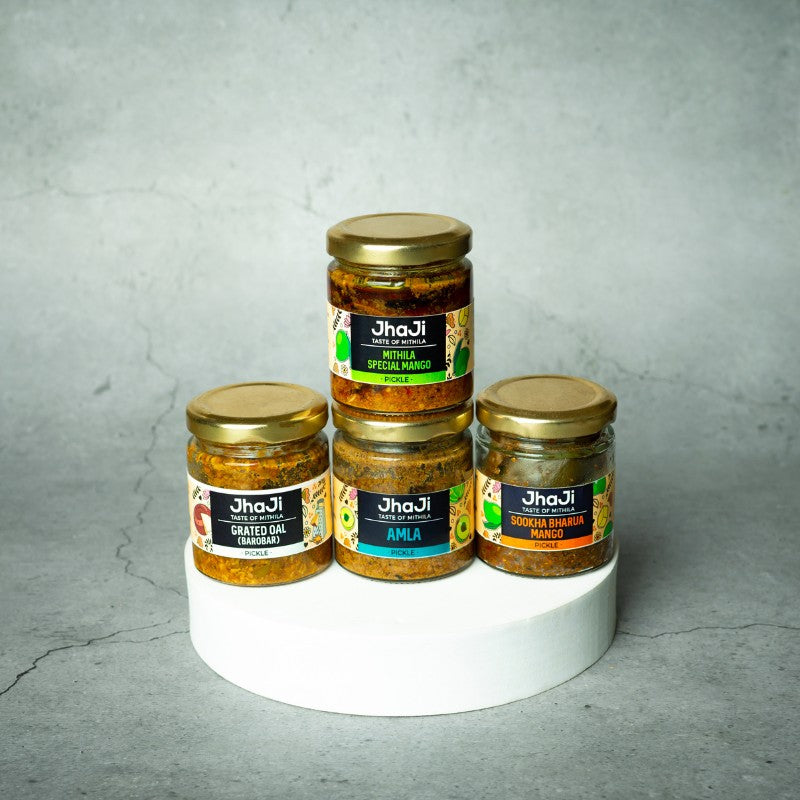 Sanjay’s Favourite 4 Pickles in 1 Pack | Mithila Special Mango, Sookha Bharua Mango, Spicy Green Chili, Jackfruit Pickle