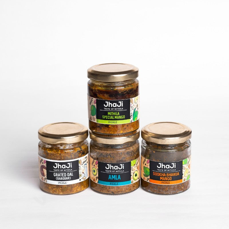 Sanjay’s Favourite 4 Pickles in 1 Pack | Mithila Special Mango, Sookha Bharua Mango, Spicy Green Chili, Jackfruit Pickle