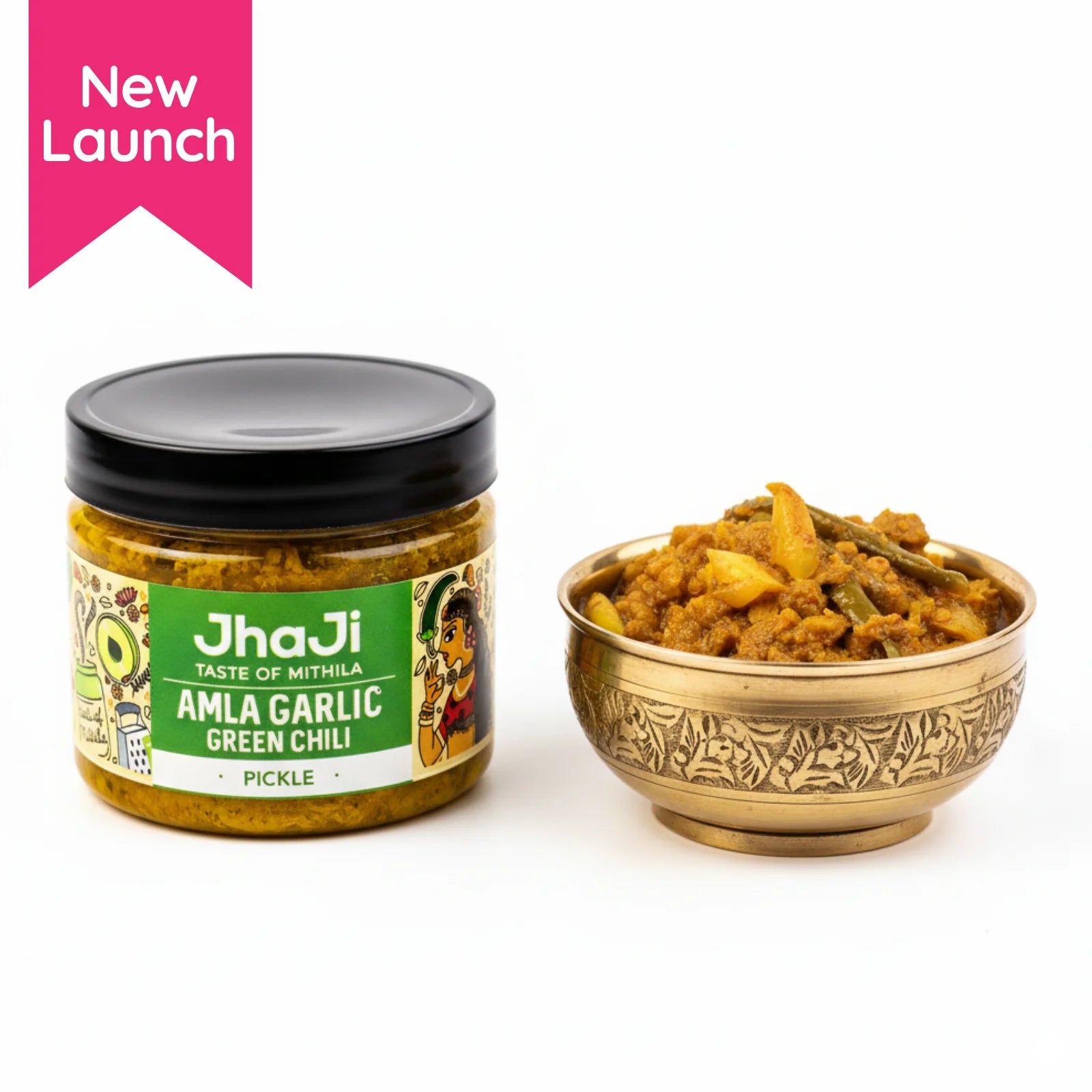 JhaJi Store amla garlic green chili pickle jar with label