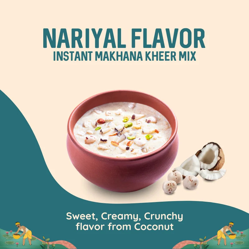Coconut Makhana Kheer Mix in bowl with coconut pieces, sweet and creamy dessert