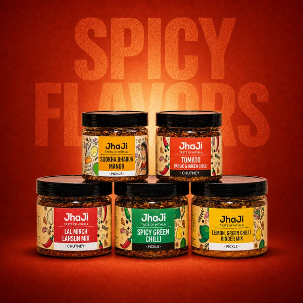 5 Spicy Pickles Sample Pack | Lal Mirch Lahsun, Green Chilli & More | 5×150g Jars