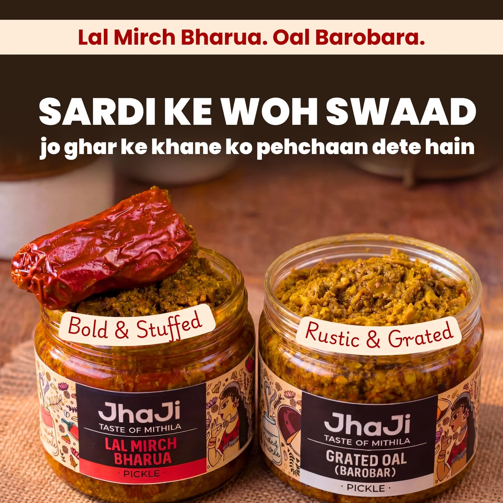 Close-up texture of lal mirch bharua and grated oal pickle from bestselling winter combo