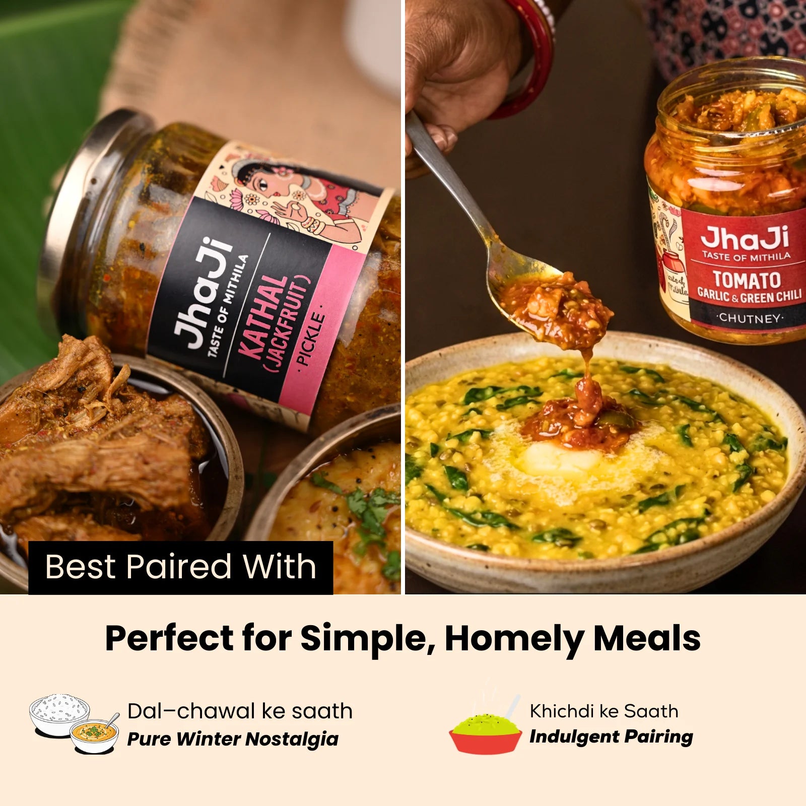 Winter pickle combo served alongside palak dal, khichdi, and dal chawal