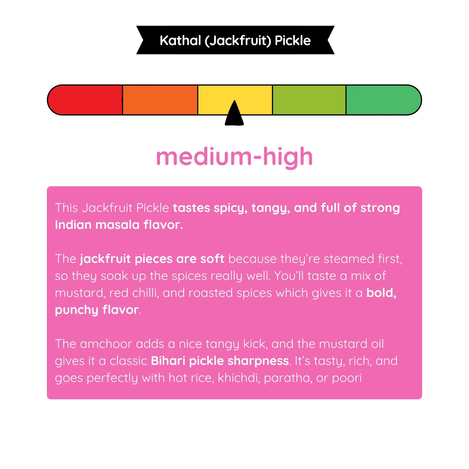Taste and spice level chart for JhaJi Store kathal jackfruit achar