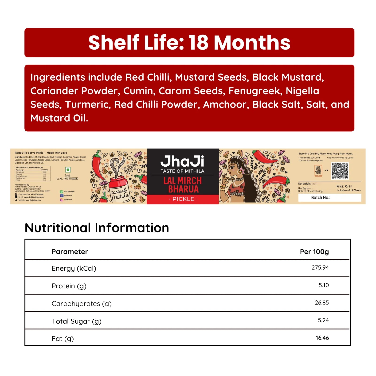 Lal mirch achar bestseller ingredients, shelf life, and nutritional information