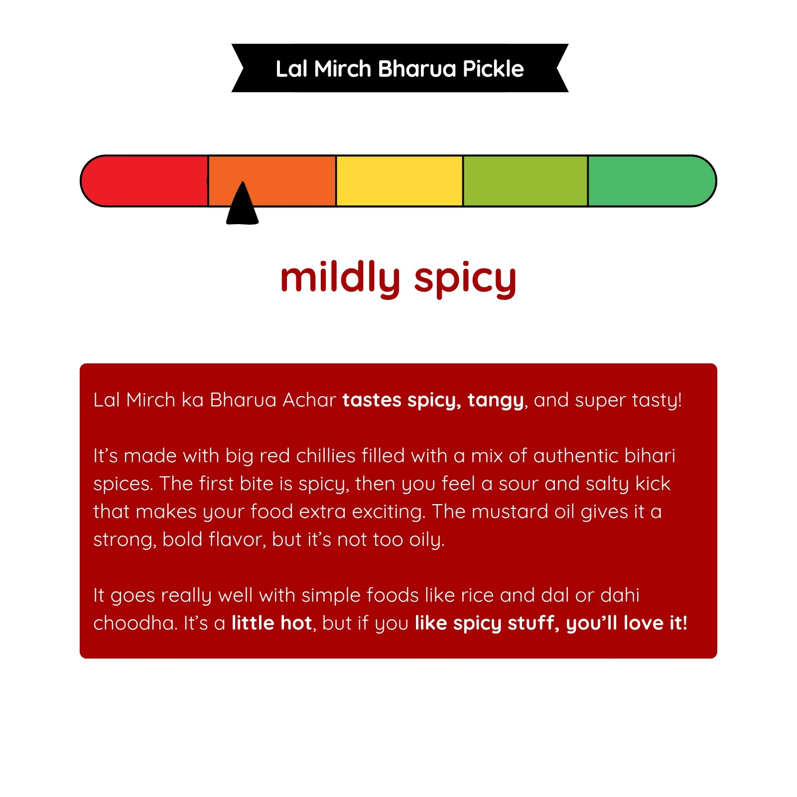 Taste and spice level indicator for JhaJi Store lal mirch achar bestseller