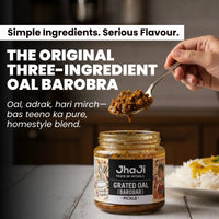 Rare Bihari oal achar pickle served with steaming dal chawal rice and lentils