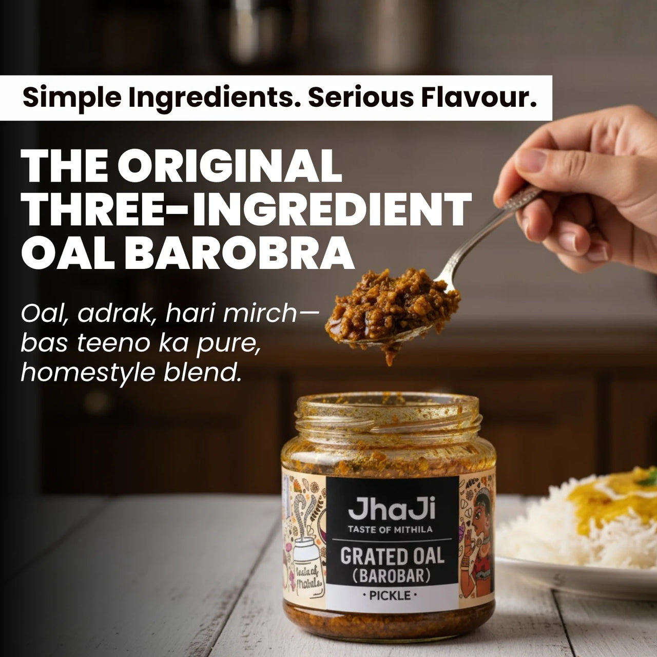 Rare Bihari oal achar pickle served with steaming dal chawal rice and lentils