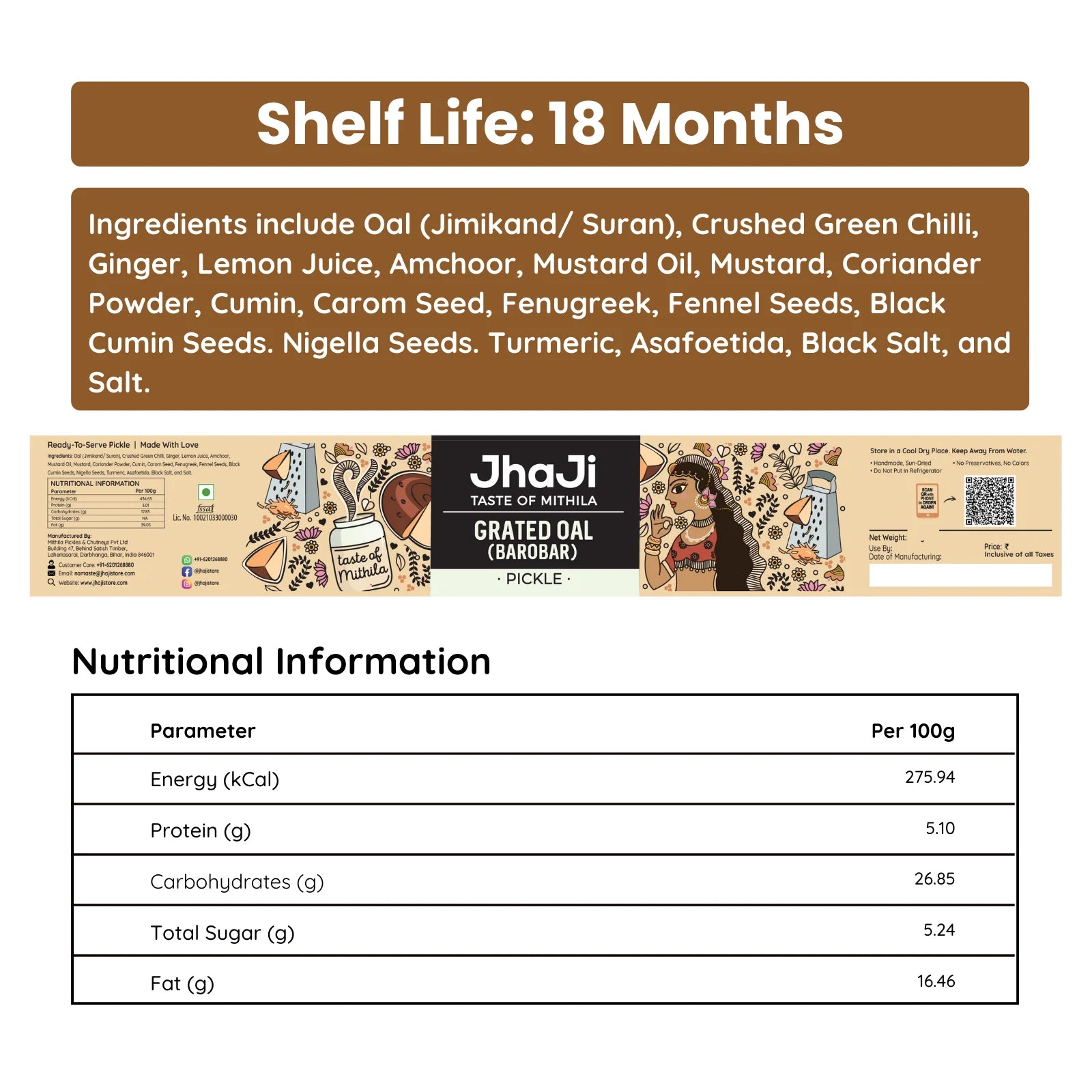 Oal achar rare Bihari pickle ingredients and nutritional information chart