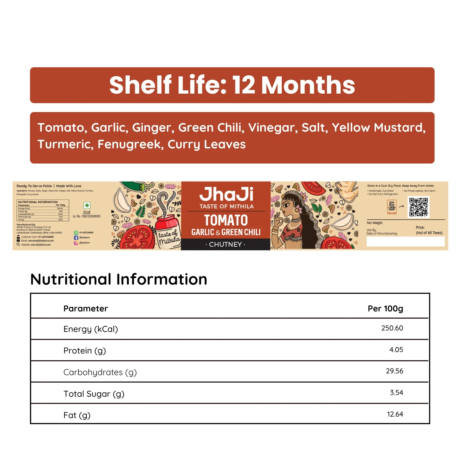 Tomato garlic chutney ingredients, shelf life, and nutritional information