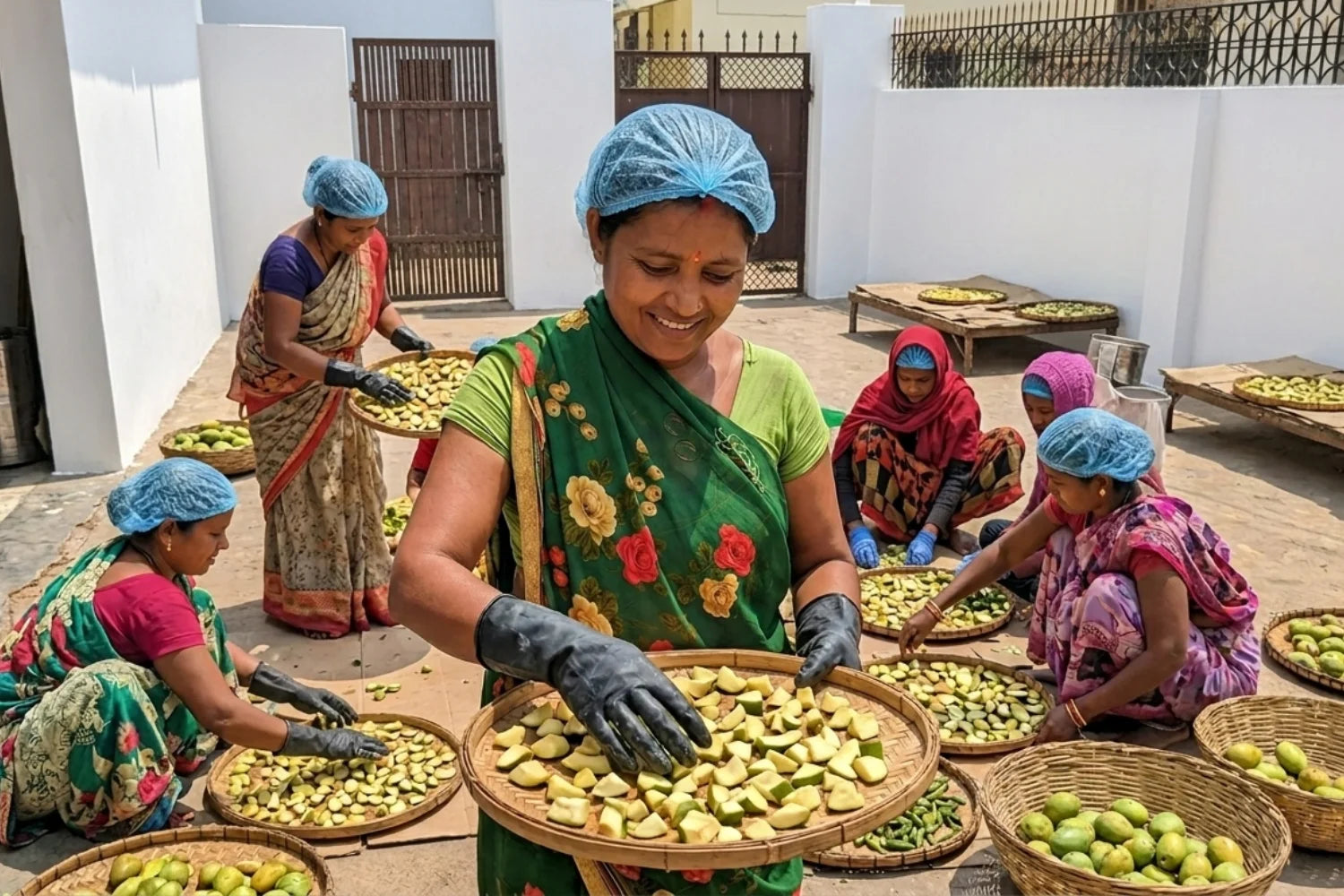 Women's hands spreading spices to sun-dry at JhaJi Store in Darbhanga — the traditional pickling craft kept alive by mothers